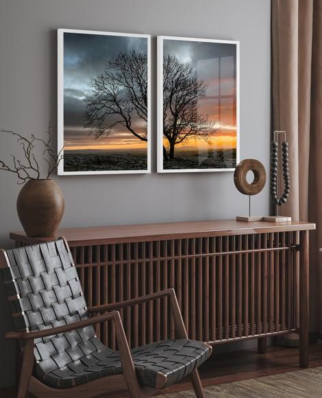 Kit 2 Quadros Decorativos Arvore Galhos Sol Moldura e Vidro