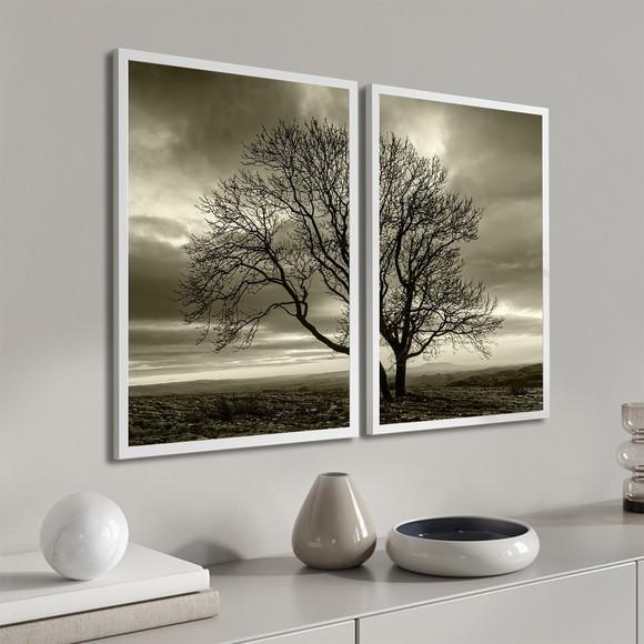 Kit 2 Quadros Decorativos Arvore Preto e Branco com Moldura