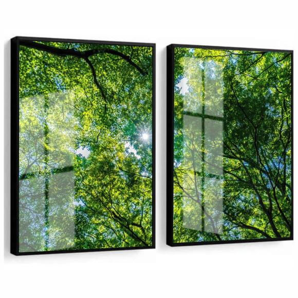 Kit 2 Quadros Decorativos Arvore Verde com Moldura e Vidro