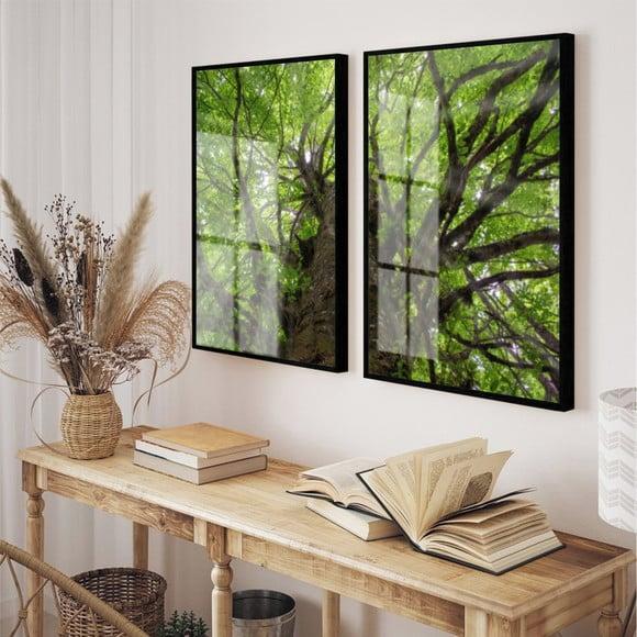Kit 2 Quadros Decorativos Arvore Verde Com Moldura E Vidro