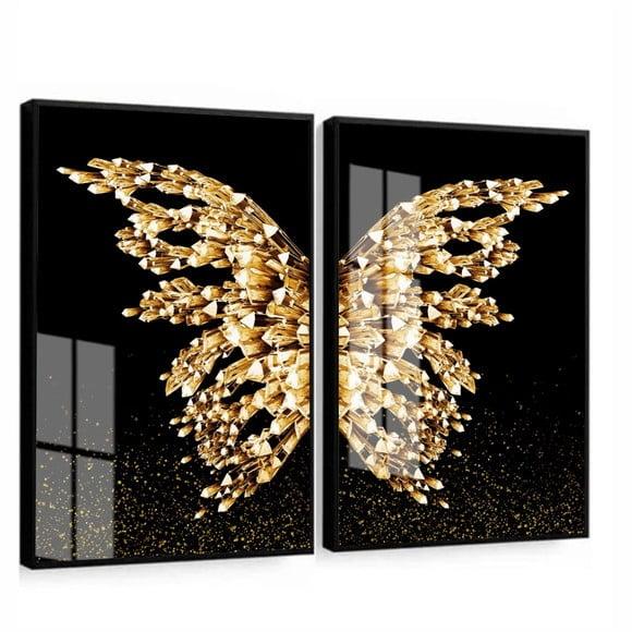 Kit 2 Quadros Decorativos Asa Dourada Borboleta Vidro 60x80