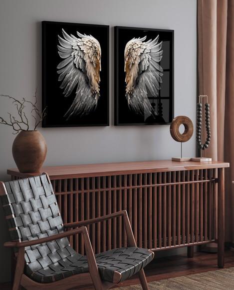 Kit 2 Quadros Decorativos Asas Brancas com Moldura e Vidro