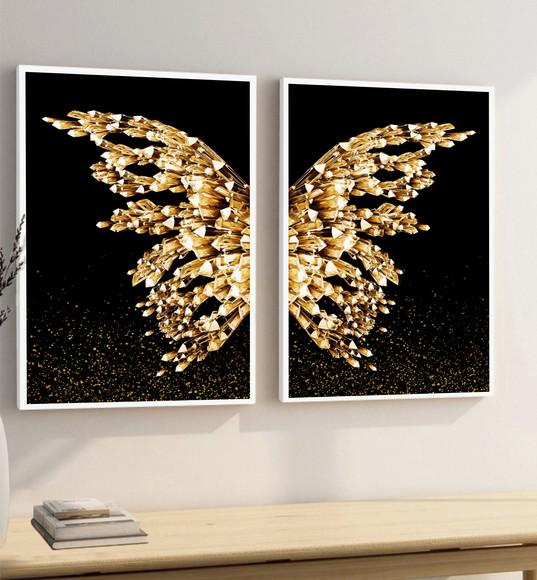 Kit 2 Quadros Decorativos Asas Douradas Gold Com Moldura