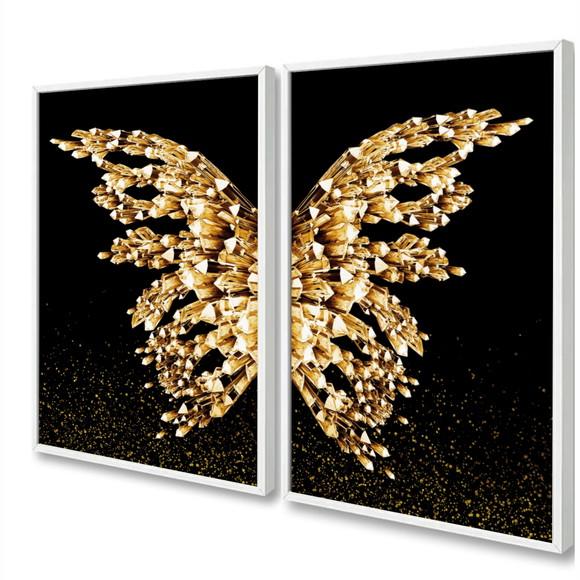 Kit 2 Quadros Decorativos Asas Douradas Gold Com Moldura