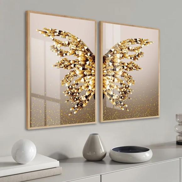 Kit 2 Quadros Decorativos Asas Douradas Gold Moldura e Vidro
