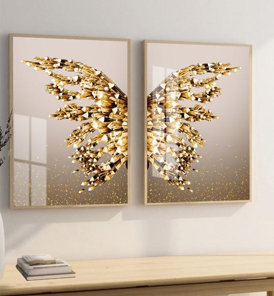 Kit 2 Quadros Decorativos Asas Douradas Gold Moldura e Vidro