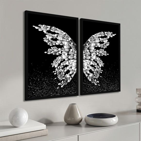 Kit 2 Quadros Decorativos Asas Prata Borboleta Com Moldura