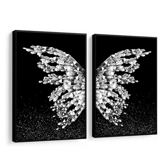 Kit 2 Quadros Decorativos Asas Prata Borboleta Com Moldura