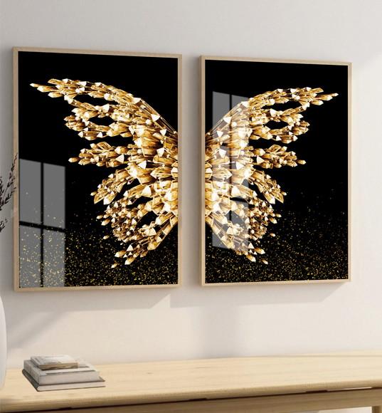 Kit 2 Quadros Decorativos Asas Douradas Gold Moldura e Vidro