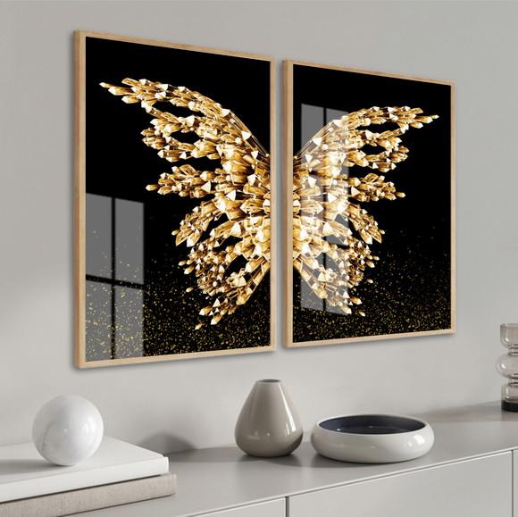 Kit 2 Quadros Decorativos Asas Douradas Gold Moldura e Vidro