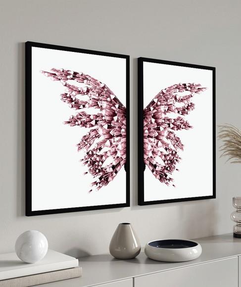 Kit 2 Quadros Decorativos Asas Rosa Borboletas com Moldura