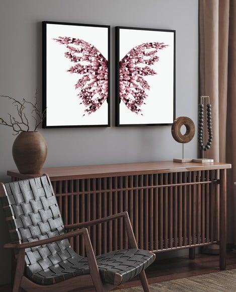 Kit 2 Quadros Decorativos Asas Rosa Borboletas com Moldura