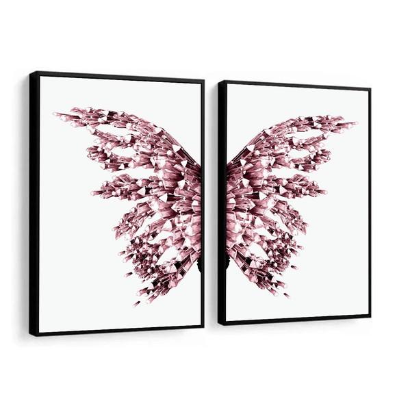 Kit 2 Quadros Decorativos Asas Rosa Borboletas com Moldura