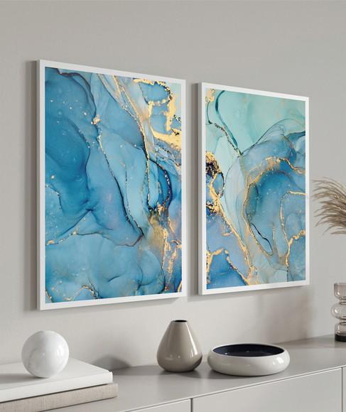 Kit 2 Quadros Decorativos Azul Abstratos Dourados Moldura