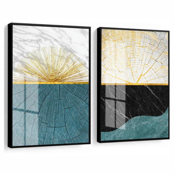 Kit 2 Quadros Decorativos Azul E Dourado Com Moldura Vidro