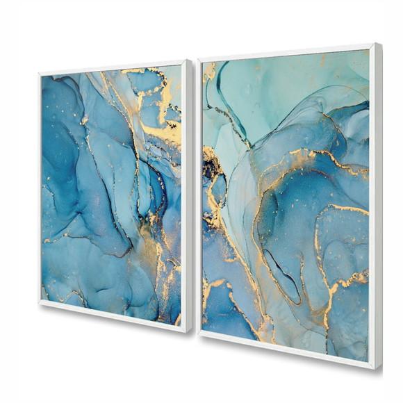 Kit 2 Quadros Decorativos Azul Abstratos Dourados Moldura