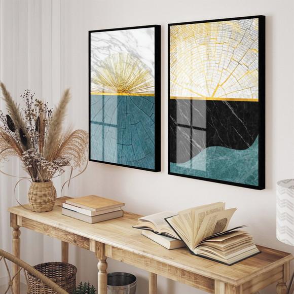 Kit 2 Quadros Decorativos Azul E Dourado Com Moldura Vidro
