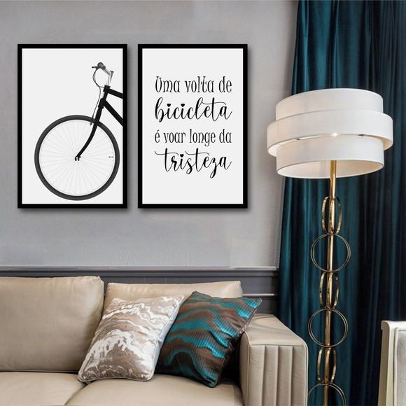 Kit 2 Quadros Decorativos Bicicleta Frases Moderno Moldura