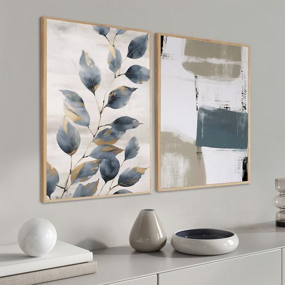 Kit 2 Quadros Decorativos Boho Folhagem Luxo Moldura Vidro