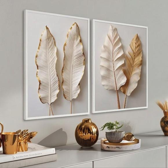 Kit 2 Quadros Decorativos Boho Folhagem Luxo Moldura Vidro