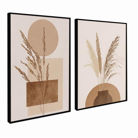 Kit 2 Quadros Decorativos Boho Folhagem Luxo Moldura Vidro