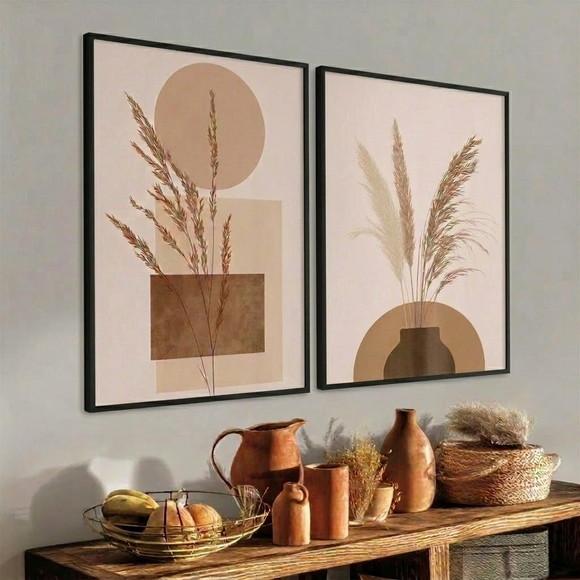 Kit 2 Quadros Decorativos Boho Folhagem Luxo Moldura Vidro
