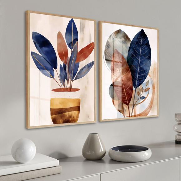 Kit 2 Quadros Decorativos Boho Folhagem Luxo Moldura Vidro
