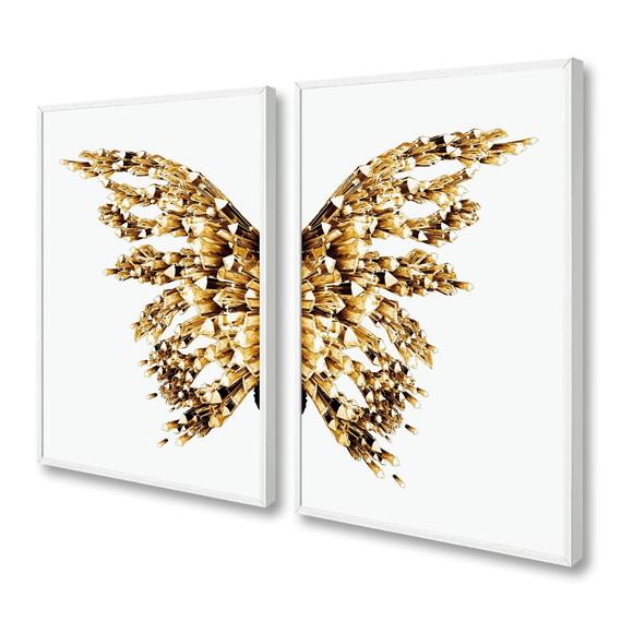 Kit 2 Quadros Decorativos Borboleta Asa Dourada com Moldura
