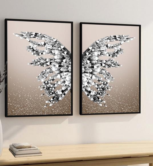 Kit 2 Quadros Decorativos Borboleta Asas Prata Com Moldura