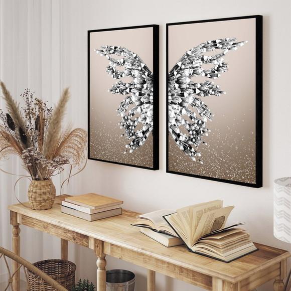 Kit 2 Quadros Decorativos Borboleta Asas Prata Com Moldura
