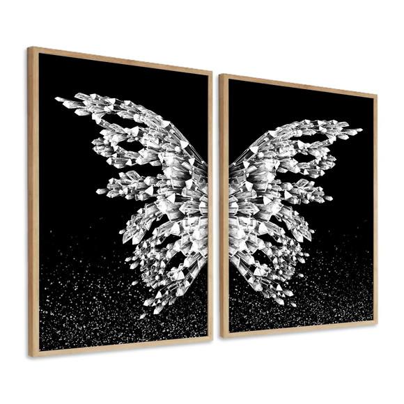 Kit 2 Quadros Decorativos Borboleta Asas Prateadas Moldura
