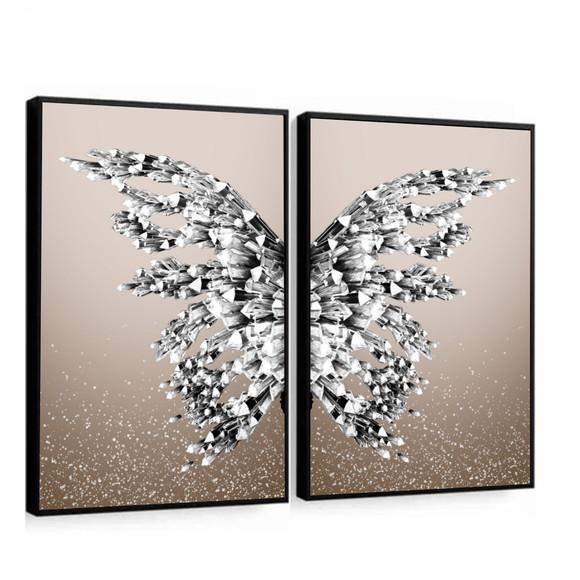 Kit 2 Quadros Decorativos Borboleta Asas Prata Com Moldura