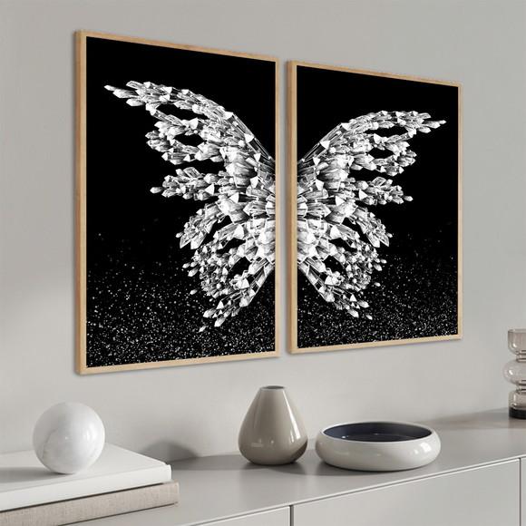 Kit 2 Quadros Decorativos Borboleta Asas Prateadas Moldura