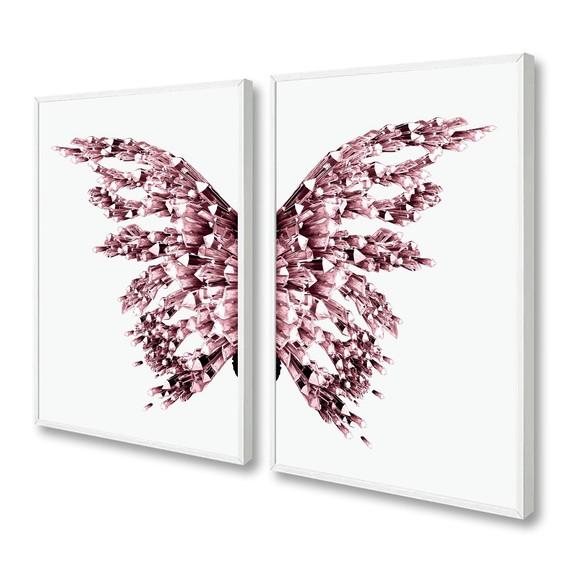 Kit 2 Quadros Decorativos Borboleta Asas Rosa com Moldura