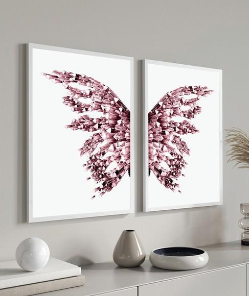 Kit 2 Quadros Decorativos Borboleta Asas Rosa com Moldura