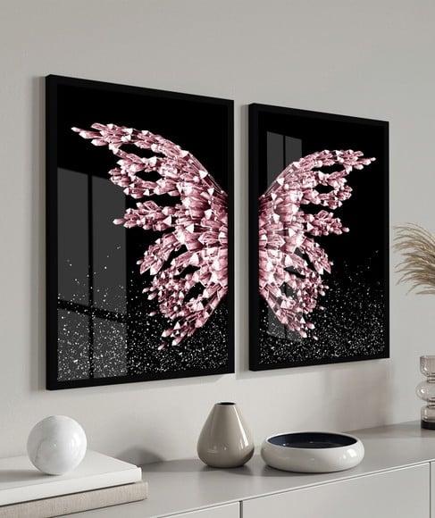 Kit 2 Quadros Decorativos Borboleta Asas Rosa Moldura Vidro