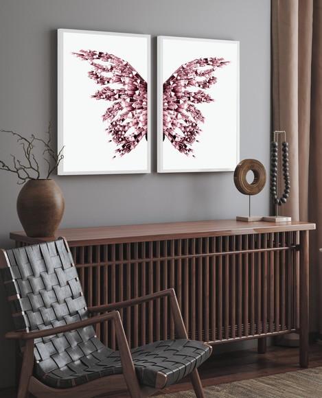 Kit 2 Quadros Decorativos Borboleta Asas Rosa com Moldura