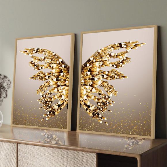 Kit 2 Quadros Decorativos Borboleta Dourada Asas Com Moldura