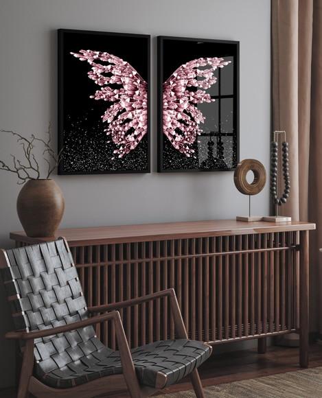 Kit 2 Quadros Decorativos Borboleta Asas Rosa Moldura Vidro