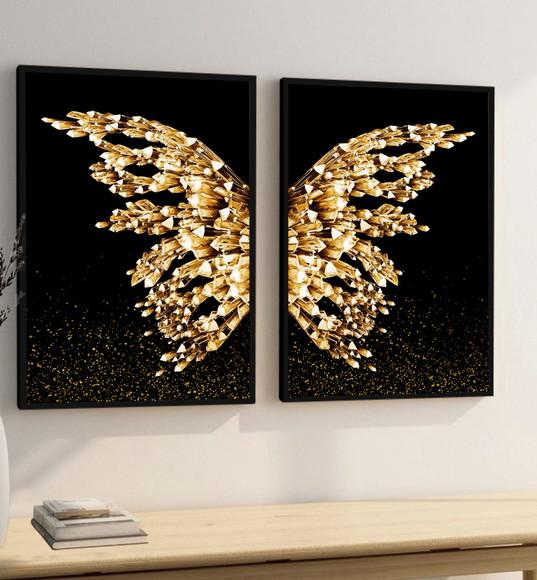 Kit 2 Quadros Decorativos Borboleta Dourada Asas Com Moldura
