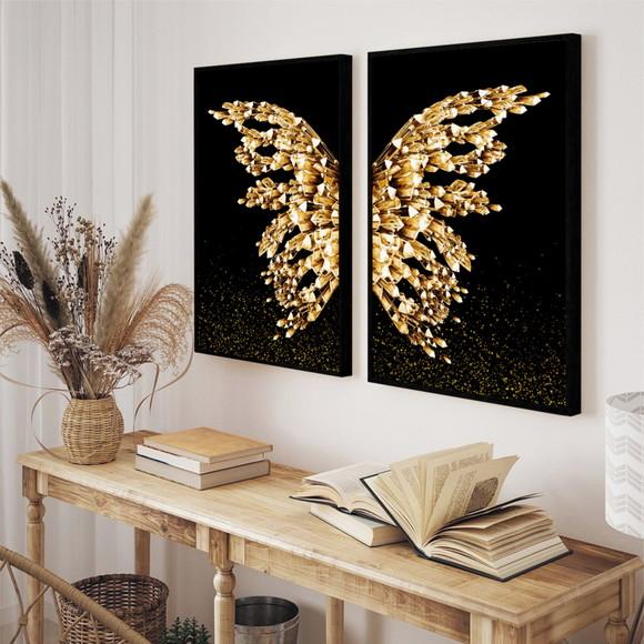 Kit 2 Quadros Decorativos Borboleta Dourada Asas Com Moldura
