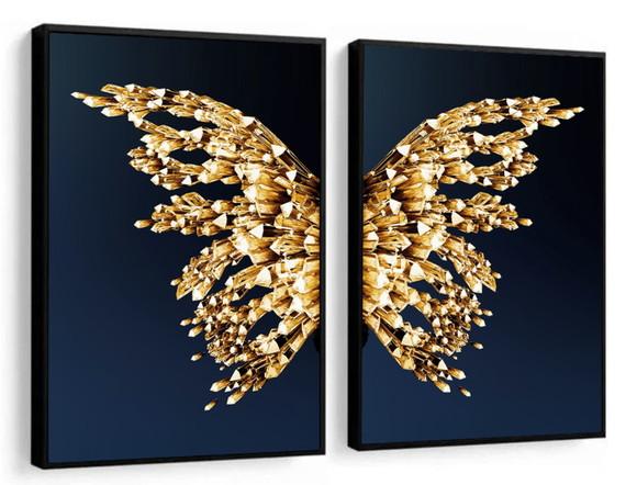 Kit 2 Quadros Decorativos Borboleta Dourada Gold com Moldura