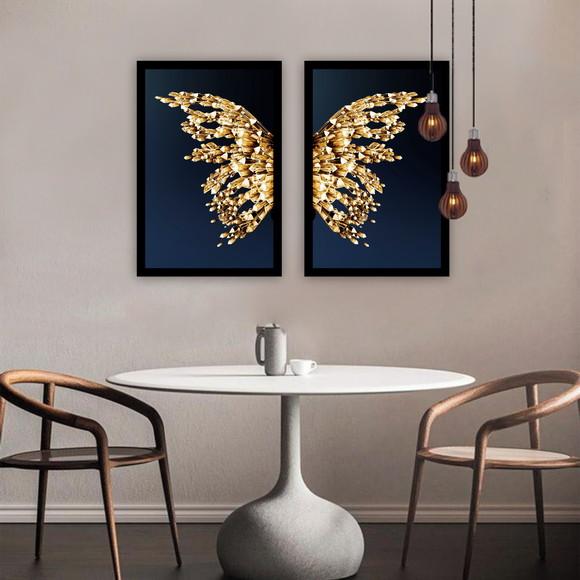Kit 2 Quadros Decorativos Borboleta Dourada Gold com Moldura
