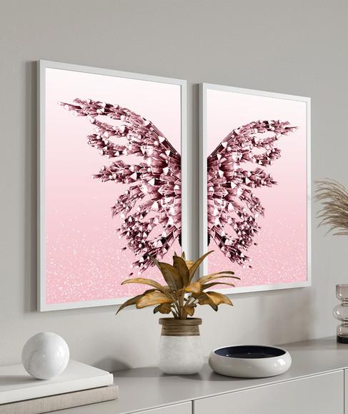 Kit 2 Quadros Decorativos Borboleta Rosa Gold Com Moldura