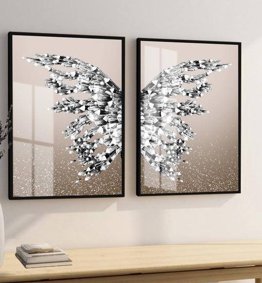 Kit 2 Quadros Decorativos Borboleta Prata Com Moldura Vidro