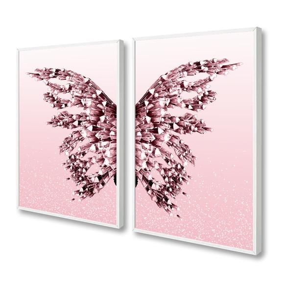 Kit 2 Quadros Decorativos Borboleta Rosa Gold Com Moldura