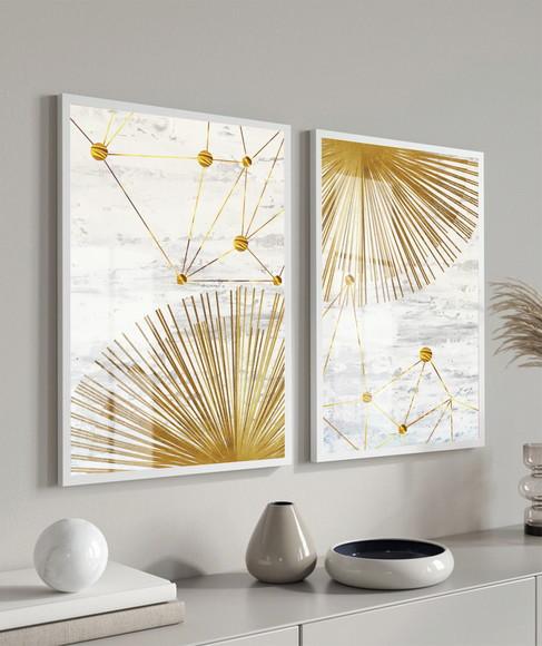 Kit 2 Quadros Decorativos Branco e Dourado Moldura e Vidro