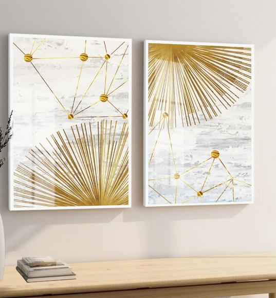 Kit 2 Quadros Decorativos Branco e Dourado Moldura e Vidro