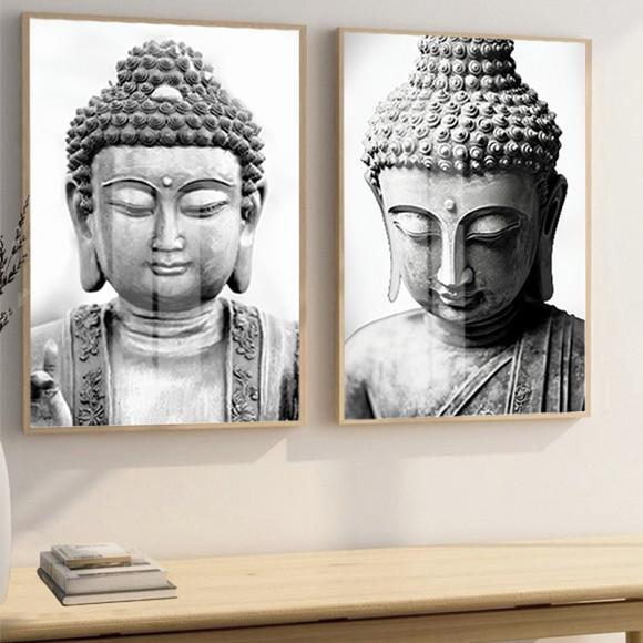 Kit 2 Quadros Decorativos Buda Preto e Branco Luxo com Vidro