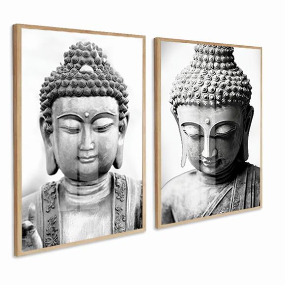 Kit 2 Quadros Decorativos Buda Preto e Branco Luxo com Vidro